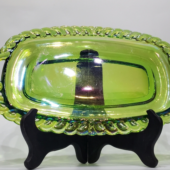 Irredescent Green Carvinal  Glass Tray Open Sugar Cream Pitcher Grape Harvest - Picture 10 of 16